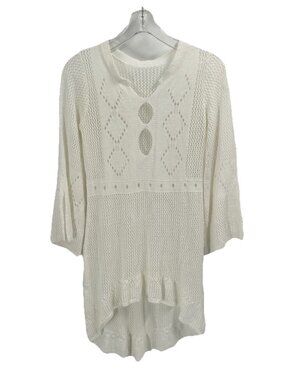 White Open Knit Dress Bell Sleeve Sz M Boho Beachy Covre Up Crochet